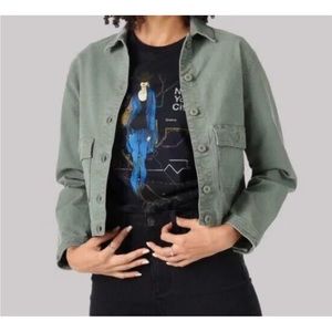 LEE L Large Olive Green Denim Crop Chore Jacket Jean Coat Military Ivy Army GORP